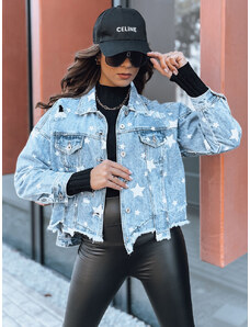 BASIC MODRÁ DŽÍNOVÁ CROP BUNDA S HVĚZDAMI DOLLA Denim vzor