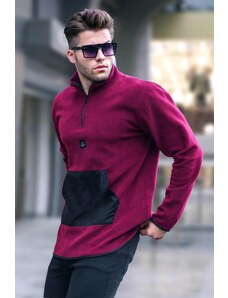 Madmext Men's Claret Red Bato Collar Kangaroo Pocket Cold-Proof Fleece Sweatshirt 6018