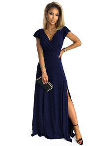 numoco CRYSTAL - Tmavě modré lesklé dlouhé dámské šaty s výstřihem 411-3