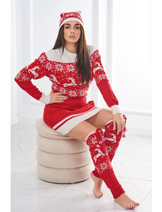 K-Fashion Vánoční set 1001 svetr + čepice + podkolenky červené