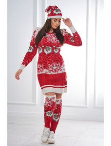 K-Fashion Vánoční set 1005 svetr + čepice + podkolenky červené