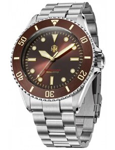 Stříbrné pánské hodinky NTH Watches s ocelovým páskem Barracuda No Date - Brown Automatic 40MM