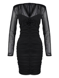 Trendyol černé vypasované růžové detailní tylové elegantní večerní šaty