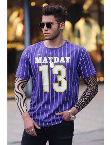 Madmext Purple Stripe Detail Printed T-Shirt 3008