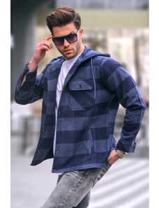 Madmext Men's Indigo Plaid Hooded Shirt 5584