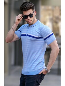 Madmext Baby Blue Striped Polo Neck T-Shirt 5734