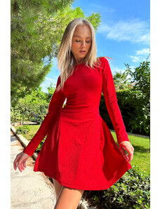 Trend Alaçatı Stili Dámské Červená Tričkový Steh Detail Rozšířené Mini šaty