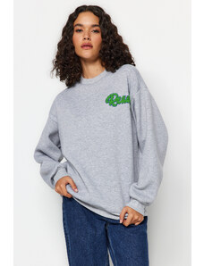 Trendyol Gray Melange Thick Fleece Inside, Embroidery Oversized/Wide Knitted Sweatshirt