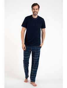 Italian Fashion Pánské pyžamo Ruben, krátký rukáv, dlouhé kalhoty - tmavě modrá/potisk
