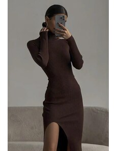 Madmext Bitter Brown Turtleneck Women's Dress with a Slit