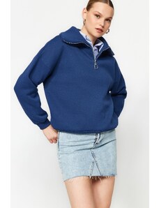 Trendyol Indigo Zipper High Neck Thick Fleece Inside Regular Fit Knitted Sweatshirt