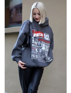 Madmext Anthracite Printed Womens Oversized Hoodie Sweatshirt