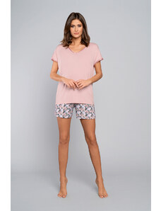 Italian Fashion Dámské bambusové pyžamo, krátký rukáv, krátké nohavice - pudrově růžová/potisk