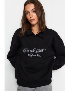 Trendyol Black Shirt Collar Embroidered Regular Fit Fleece Inside Knitted Sweatshirt