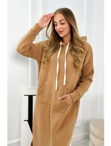 K-Fashion Dlouhé šaty s kapucí Velbloud