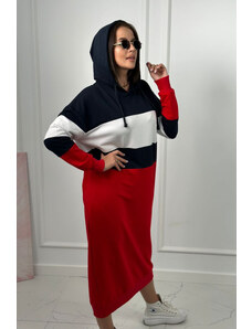 K-Fashion Trikolorní šaty s kapucí námořnická modř + bílá + červená