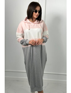 K-Fashion Trikolorní šaty s kapucí pudrově růžová + ecru + šedá