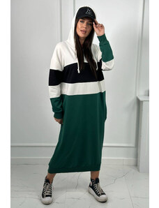 K-Fashion Trikolorní šaty s kapucí ecru + černá + tmavě zelená