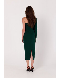 K179 Pouzdrové šaty na jedno rameno - lahvově zelené