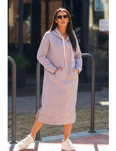 K-Fashion Dlouhé šaty s kapucí šedý