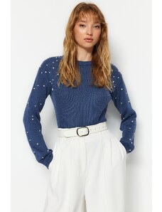 Trendyol Blue Pearl Detailní pletený svetr s výstřihem