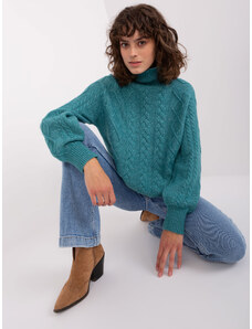 Fashionhunters Tyrkysový kabelový pletený svetr s rolákem