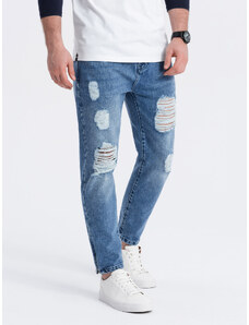 Ombre Clothing Pánské džínové kalhoty zúženého střihu s dírami - modré V3 P1028