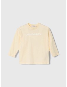 Dětská bavlněná košile s dlouhým rukávem Calvin Klein Jeans béžová barva, s potiskem