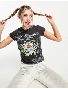Ed Hardy baby tee with floral logo graphic-Grey