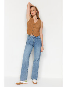 Trendyol Blue Joiner Detailní džíny s vysokým pasem a širokými nohavicemi