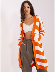 Fashionhunters Oranžovo-bílý dlouhý kardigan bez zapínání