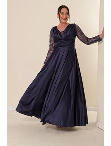 By Saygı Plus Size Long Satin Evening Dress Navy Blue with Tulle Sleeves and Glitter Detail and Pleated Front