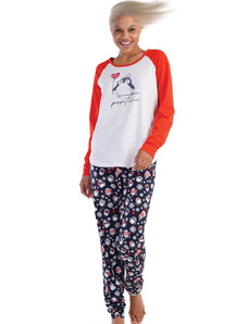 Naspani Červené, modré i šedé vánoční dámské pyžamo s tučňáky, sněhovými vločky, srdíčky a dárky 1B1858
