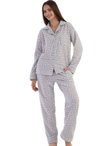 Naspani Šedé klasické luxusní hřejivé dámské pyžamo celopopínací na knoflíky strakatý vzor 1Z1515