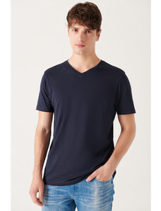 Avva Men's Navy Blue Ultrasoft V Neck Plain Regular Fit Modal T-shirt