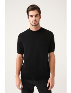 Avva Men's Black High Crew Neck 100% Cotton Ribbed Slim Fit Slim Fit Knitwear T-shirt