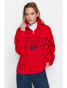 Trendyol Red Zipper Printed Oversize Thick Fleece Knitted Sweatshirt