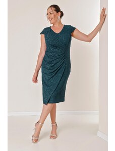 By Saygı Plus Size Lycra Silvery Dress With Front Draped Moon Sleeve Lined