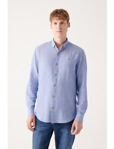 Avva Men's Dark Blue Buttoned Collar Cotton Linen Regular Fit Shirt