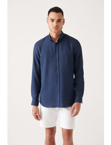 Avva Men's Indigo Buttoned Collar Textured Cotton Slim Fit Slim Fit Shirt