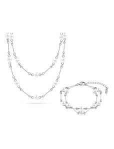 Biju Rhodiovaný set s perlami, dvouřadý řetízek + náramek 3001704