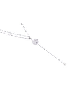 Biju Rhodiovaný řetízek s přívěskem, kombinovaný s bílými perličkami a medailonem 3001922
