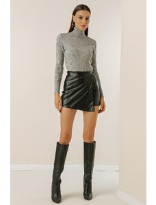 By Saygı Flared Leather Shorts Skirt with Elastic Waist