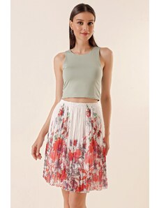 By Saygı Elastic Waist Lined Large Flower Patterned Short Chiffon Skirt Red