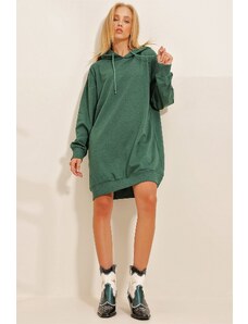 Trend Alaçatı Stili Women's Walnut Green Hooded Sweatshirt Dress