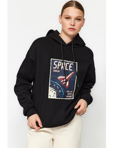 Trendyol Black Oversized/Wide-Cut Knitted Sweatshirt with a Space Print Thick Fleece Inside