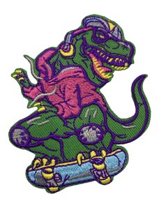DARK VYŠÍVANÁ NÁŠIVKA - nažehlovací obrázek / Tyrannosaurus rex na skateboardu