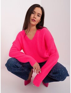 Fashionhunters Fluo růžový oversize svetr s výstřihem