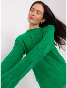 Fashionhunters Zelený svetr s kabely, volný střih