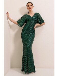 By Saygı Sequins Lined Long Dress Green